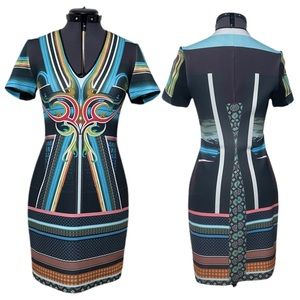 Clover Canyon Printed Short Sleeve V-neck Scuba Mini Sheath Dress